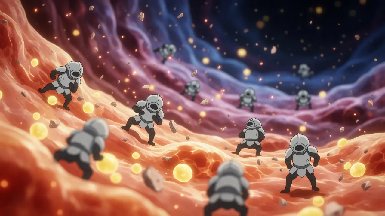 Anime depiction of immune cells causing deep transmural damage in Crohn's versus surface erosion in UC.