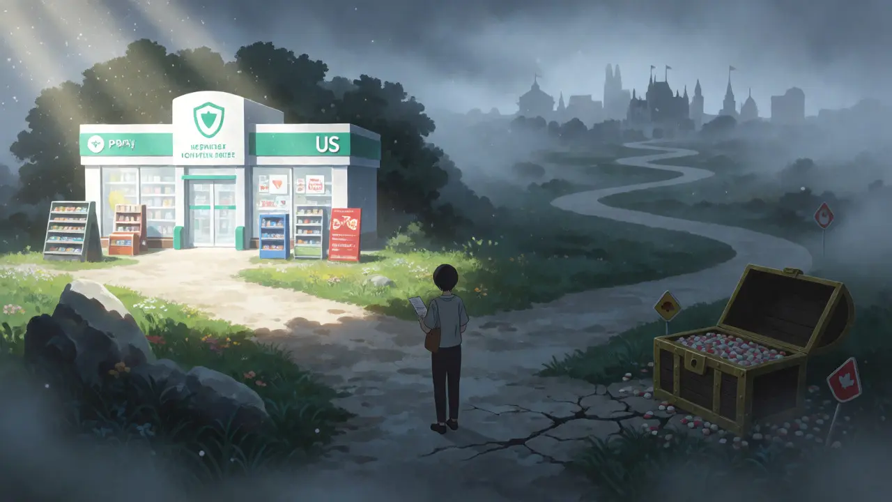Person choosing between local safety and foreign savings paths in anime style