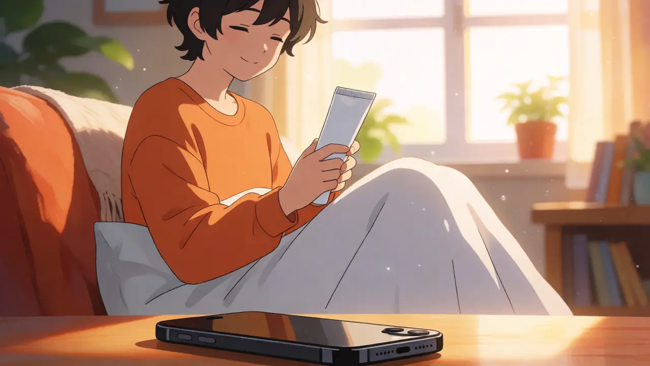 Person happily applying generic cream in a sunny living room