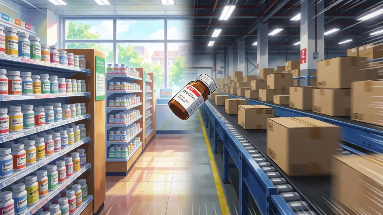 Split view of safe local pharmacy versus chaotic international shipping
