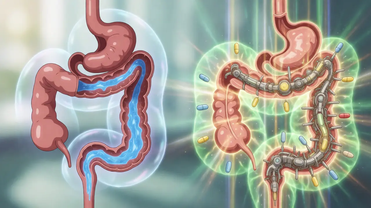 Stylized anime art showing localized topical treatment for UC versus systemic drug therapy for Crohn's.
